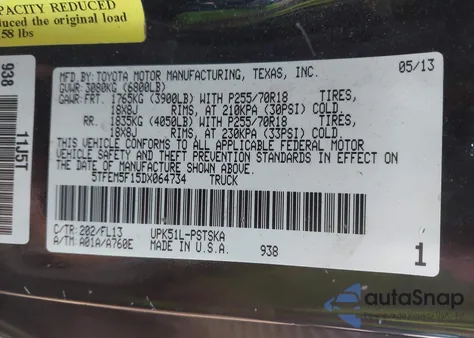 2013 Toyota Tundra Grade 4.6L V8 из США, поврежденный, VIN 5TFEM5F15DX064734